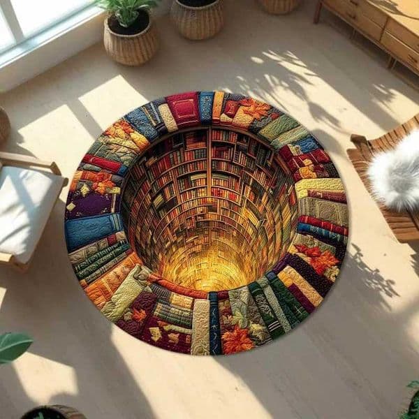 Library Books Round Rug 3D Optical Illusion Mat Book Lovers Reading Room Carpet Hole Effect Round Floor Mat Gift for Readers L260516