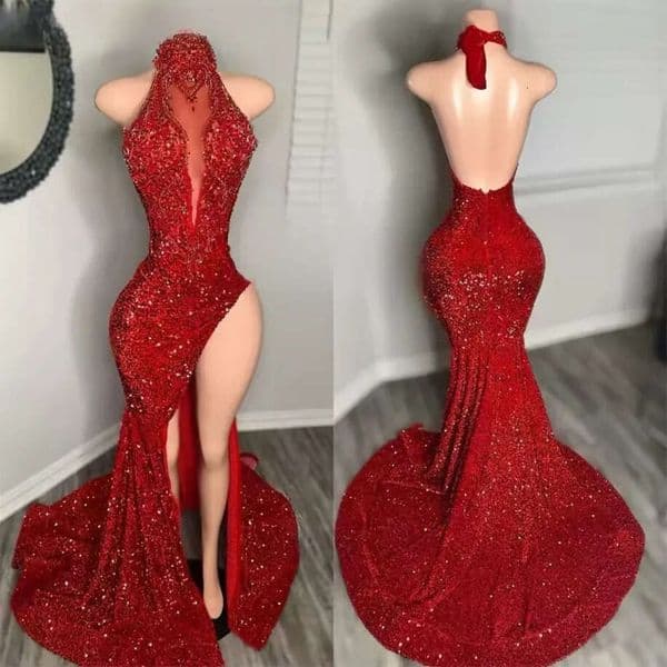 Sequin Mermaid Dress: Red Halter Prom Gown Sexy Beaded Side Split Evening Party Dress Customized