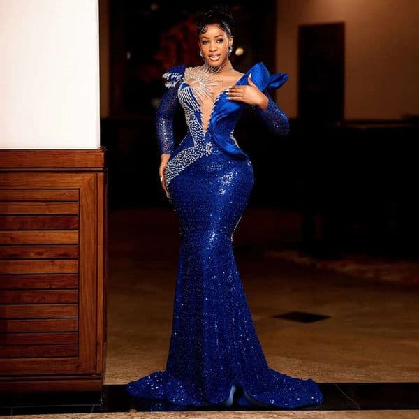 Elegant Royal Blue Mermaid Aso Ebi Prom Dress Beaded Sequins African Bridal Reception Gown for Black Women Party