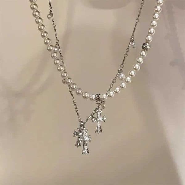Fashion Pearl Cross Double layered Stacked Necklace For Women Creative Charm Rhinestone Cross Necklace Tren Y2k Girl Accory X260516