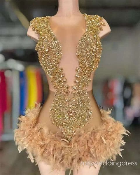 Sparkly Golden Diamonds Prom Dresses For Black Girls Glitter Bead Crystals Rhinestones Feathers Homecoming Party Customized