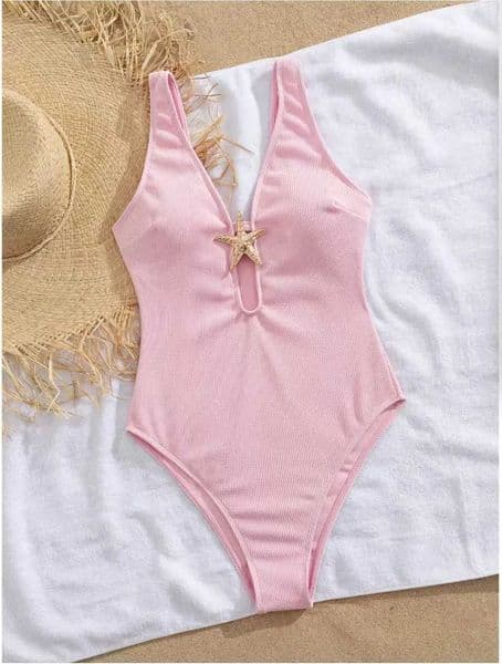 Pink Swimsuit 2026 Women Metal Starfish Ornament Hollow Out V Neck Tummy Control Swimwear Beach Bathing Suit MonokiniZ260516