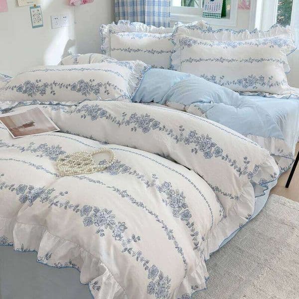 4pcs Korean lace Duvet (1*Duvet Cover +1 flat sheet + 2*Pillowcase, Without Core), Fresh Flower Print Bedding Set J260516
