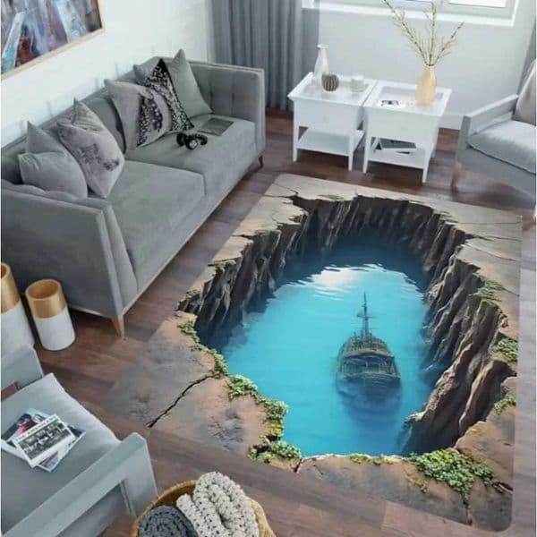 Flannel Printed 3D Sinkhole Ship Rug Ocean Adventure Theme Living Room Carpet Soft Fleece Floor Mat Home Decor Unique Area Rugs L260516
