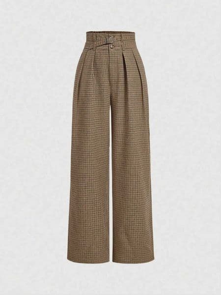 Womens plaid wide-leg trousers retro high-waisted casual trousers cargo style trousers with belt C260516