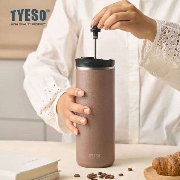 Tyeso French Press Travel Mug 304 Stainless Steel Portable Cold Brew Coffee Maker Tea Infuser Double-Wall Insulated Thermos W260516