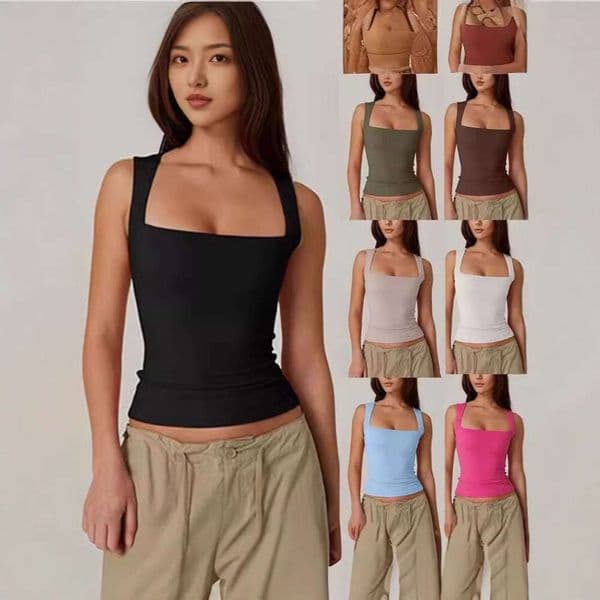 New Amazon Summer Women's Square Neck Sleeveless Double Layer Tank Top Basic Slim Fit T-Shirt in Black