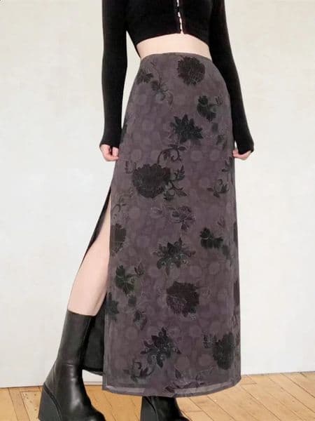 Women Long Skirts High Waist Floral Split Summer Gothic Grunge Y2K Casual Bohemian Streetwear 260515