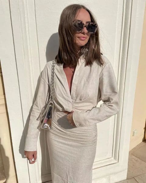 Summer Women gray TurnDown Collar Long sleeve slim short shirt Female Side Slit Folds skirt Ladies casual Two pieces set 260515