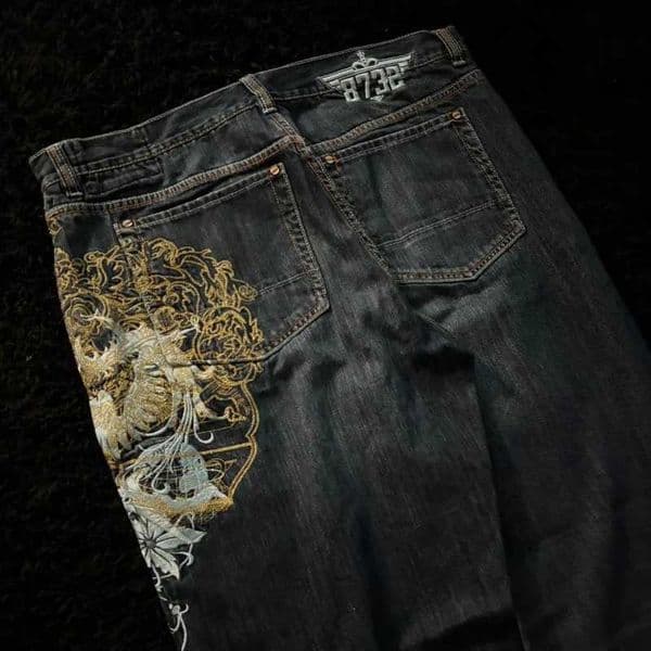 American New Fashion Oversize Pattern Embroidered Baggy Jeans Men Y2K Gothic Harajuku Hip Hop Straight High Waist Wide Leg Pants Q260516
