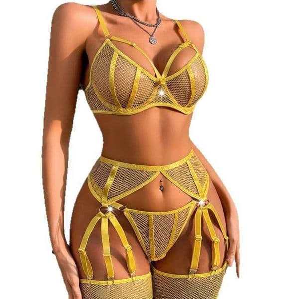 Fishnet Push Up Babydoll Lingerie Set 3pcs Open Mesh Bra And Panty Set For Women Hot Night Sleep Wear Black Red White Yellow L260515