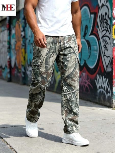 HME Mens Camo Denim Pants Cargo Straight Fit Jeans with Tree Print for Outdoor Streetwear Q260516
