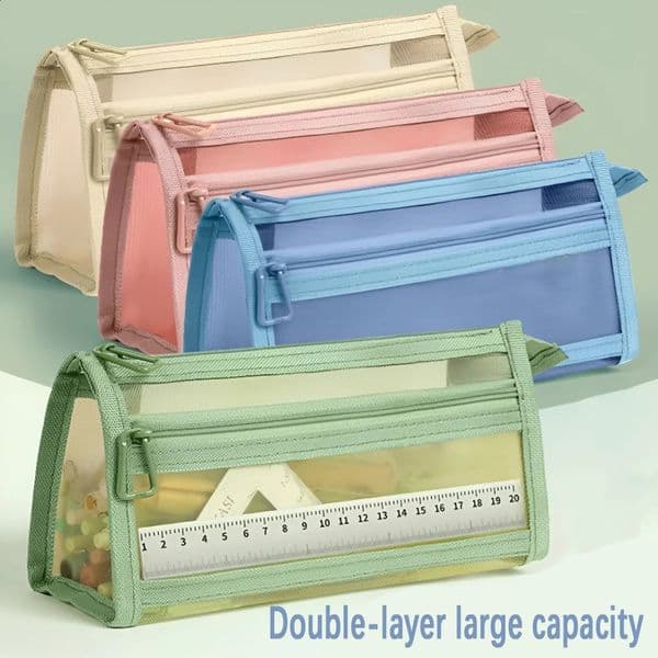 Transparent mesh pencil case student exam specific stationery bag double-layer three-dimensional large capacity pencil case 260515