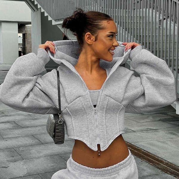 European American cross-border women's clothing, new autumn and winter casual zip-up long-sleeve hooded cardigan short jacket top