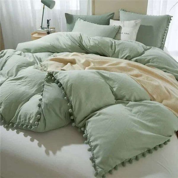 Solid Color Soft Washed Duvet Cover 3 Pieces Pillowcase Bedding Set for Twin Full Queen King Size Cute Pom-pom Decoration J260516