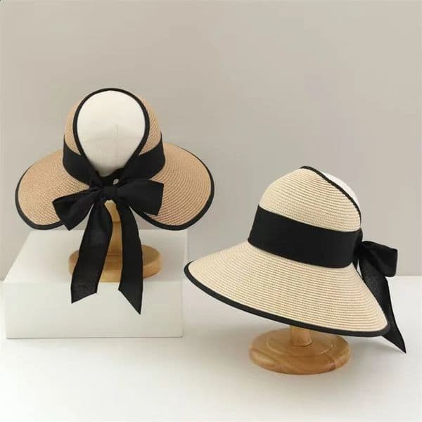 Womens straw hat summer trip beach sunshade hat Korean fashion bow streamer foldable empty top hat 260509