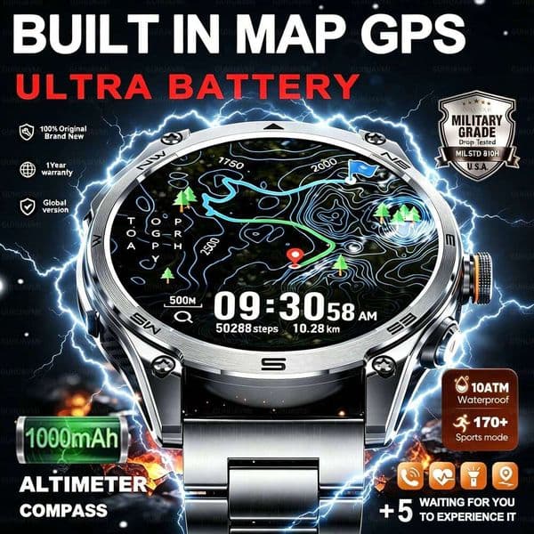 2026 New Military GPS 1000Mah Battery Compass IP68 Waterproof Tactics Sport Flashlight BT call Smart Watch For Men J260516
