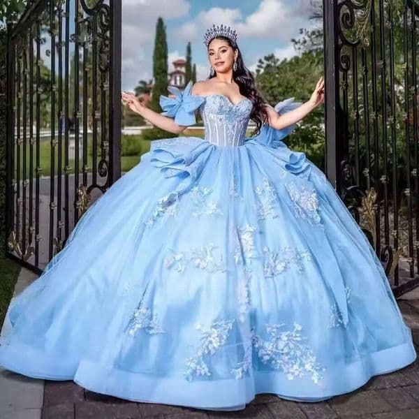 Princess Sky Blue Quinceanera Dresses for Girls Off Shoulder Corset Ball Gown with Applique Customizable 15th Birthday Vestidos