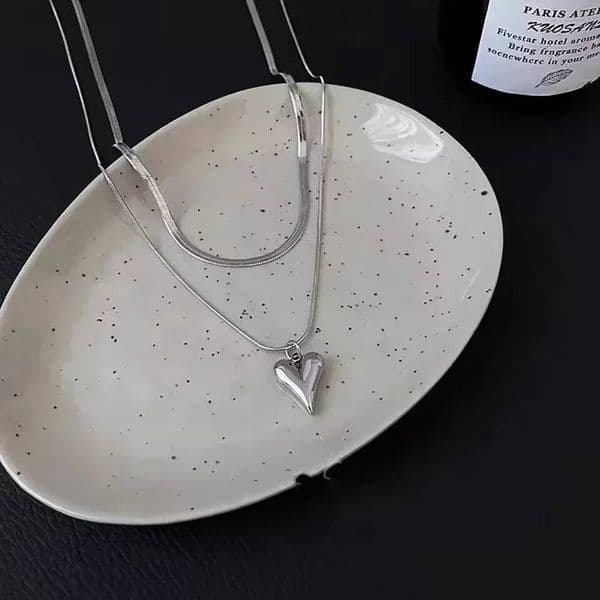 LATS Double Layered Love Heart Pendant Necklace for Women Silver Color Simple Neck Chain Choker Fashion Jewelry Birthday Gifts ddmythur