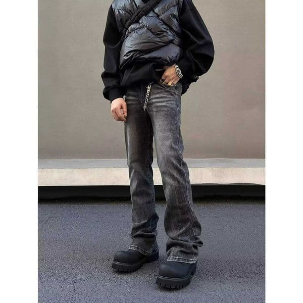 American high street washed black jeans for men stylish and straight cut slim fit elastic micro flared pants C260516