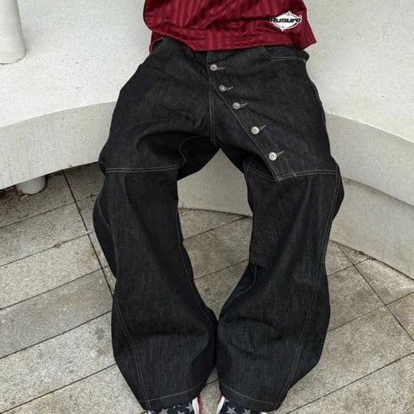 Y2K High Street Buckle Curved Jeans Wide Leg Pants Autumn MenS Loose Straight Leg Pants Black Korean Casual Pants Hip-Hop Pants C260516