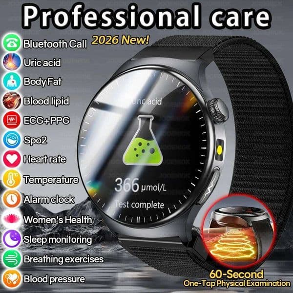2026New 60 Second Check Smart Men Blood Lipid Body Fat Analysis Health Care Watch IP68 Waterproof Sports Smartwatch J260516