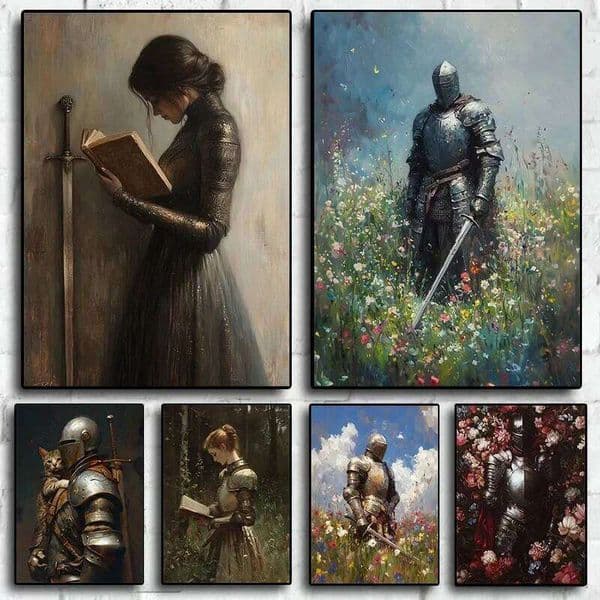 Vintage Dark Academia Medieval Knight in Wildflower Meadow Fantasy Sword Poster Canvas Painting Wall Art Pictures Home Decor 26Y0516