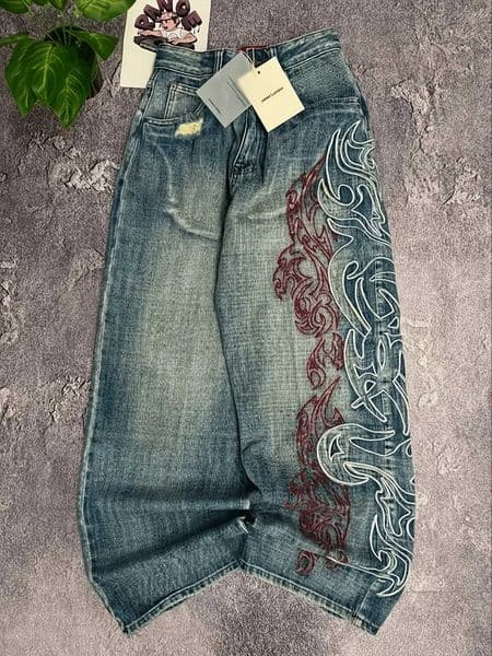 Mens Loose Fit Wide Leg Jeans Tribal Flame Embroidery Vintage Washed Denim Pants Streetwear Daily Wear Q260516