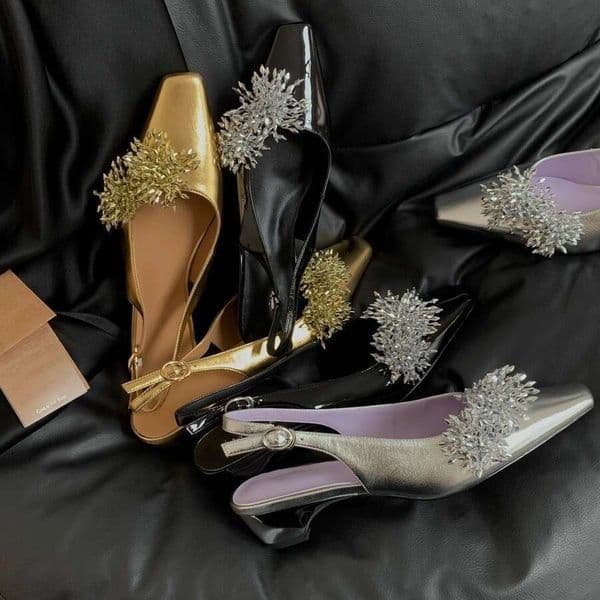 Designer Shoes Sheepskin Version~French-Style Elegant Metal Floral Chunky Heel Closed-Toe Sandals For Women, Backless Shallow Square-Toe Mary Jane Shoes Loafers