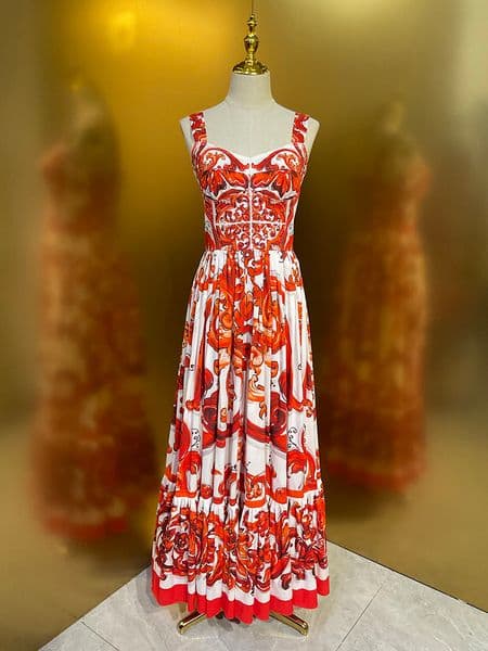 Women 100% Cotton Dress Long Summer Fashion Spaghetti Strap Orange Porcelain Printing Party Holiday Vestidos Sliming Lady