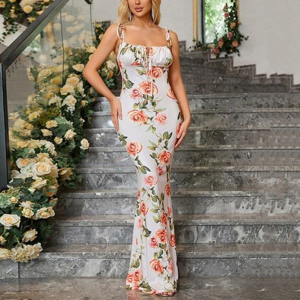 Summer Elegant Floral Print Dress Sexy Slim Fitting Boho Backless Sleeveless Maxi Dresses Party Dress Chic Female Clothing 260515