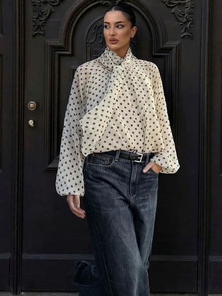 HH Women Fashion Vintage Polka Dot Print Shirts Long Sleeve Bow Lace Up Blouse Lady Elegant Streetwear 2026 Summer Thin Tops 260515