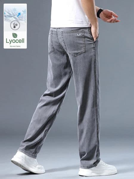 Summer Thin Mens Loose Straight Jeans Lyocell Soft Drape Business Casual Trousers Classic Smoke Gray Ice Silk Pants 260511
