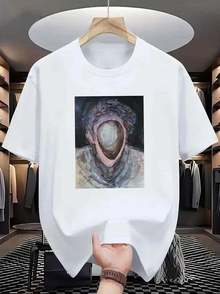1 mens white abstract face printed T-shirt100 cotton short sleeved round neck casual top black and brown modern art design H260515