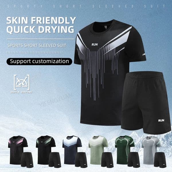 Fitness Clothes Ice Silk Quick Drying T-shirt Suit Men Short Sleeve Running Sportswear Shorts Tracksuit Gym Sports Training Sets 260514