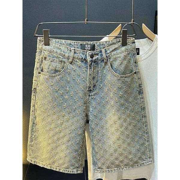 2025 Summer New American men's fashion ripped shorts, loose straight-leg casual mid-parted denim shorts 26Y0516