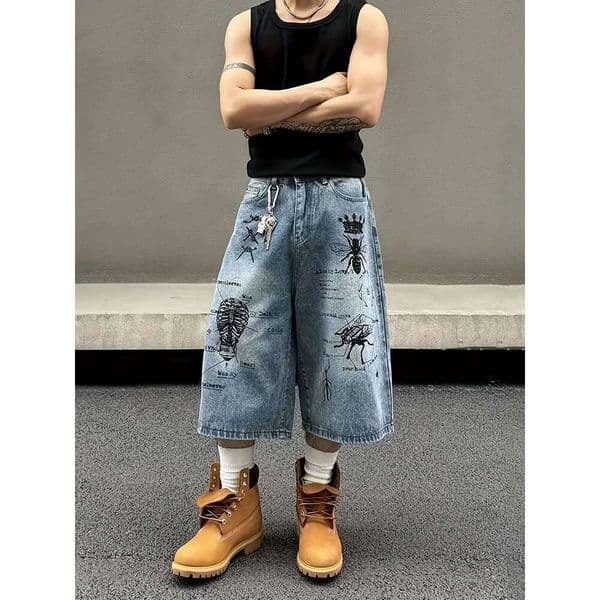 American Retro Street Style Washed Insect Graffiti Denim Shorts for Men, Loose Straight Casual Cropped Pants 26Y0516