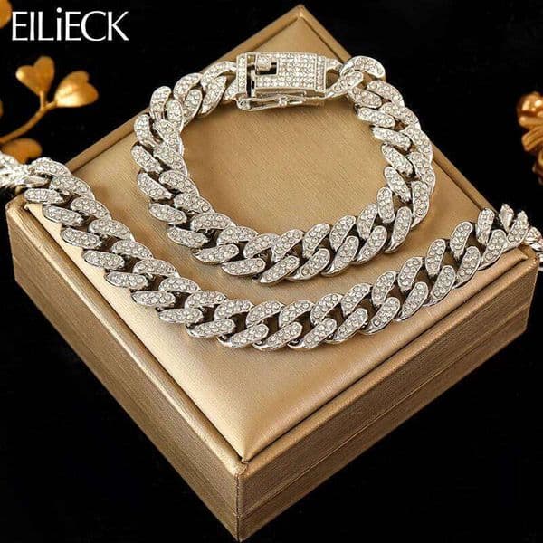 EILIECK Color Thick Cuban Necklace Set For Women New Punk Zircon Chain Waterproof Jewelry Party Gift Bijoux 26Y0516