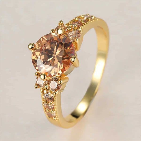Champagne Crystal Round Stone Wedding Band Rings For Women Vintage Gold Color Engagement Jewelry Birthstone Accessory Girl GiftsT260516