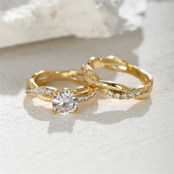 Female Round Zircon Bridal Sets Silver Gold Color White Crystal Stone Crossed Wedding Bands Promise Engagement Rings For WomenT260516