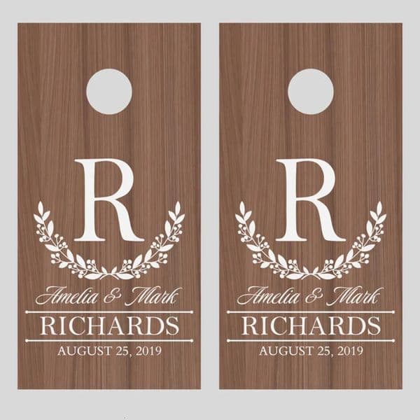 Luxury Designer Decor Cornhole Custom Corn Hole Sticker Wreath Initial Names And Established Date Lawn Game Decals For Wedding room Annivers 6