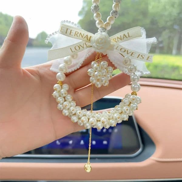 Car Key Cover auto zubehor Pearl Handmade Crystal Ornament Creative High-End Rearview Mirror Hanging Chain Decoration Car Interior Goddess Pink Seat 22