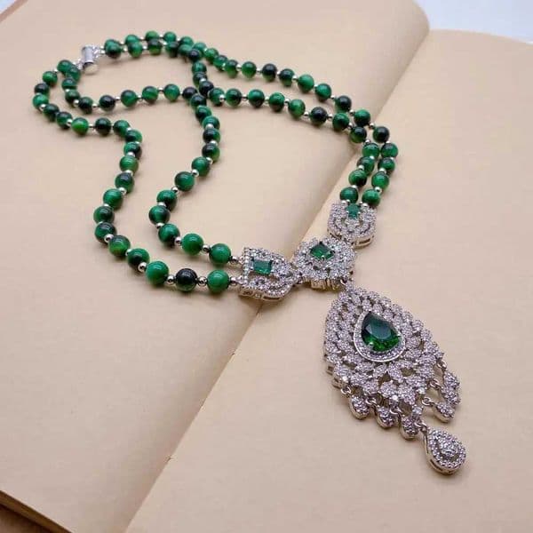 YYING 2 Strands Green Tiger Eye Cz Pave Pendant Necklace Gemstone Necklaces Jewelry Women X260516