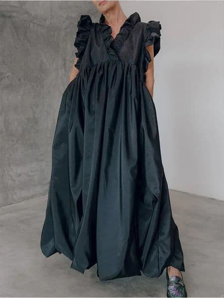 Elegant Womens Pleated Dress Aline Loose Ruffle Sleeveless Summer Casual Vintage Fashion VNeck for Female 260515