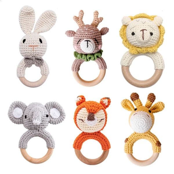1pc Baby Teether Music Rattles for Kids Animal Crochet Rattle Elephant Giraffe Ring Wooden Babies Gym Montessori Childrens Toys260514