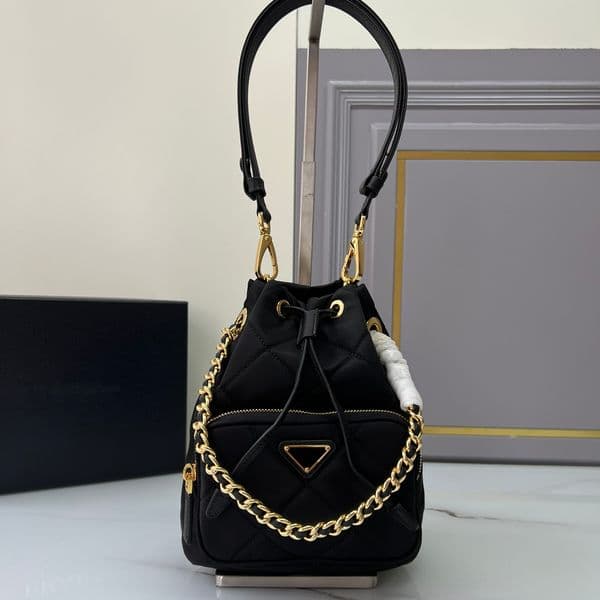 Designer Bags Quilted Nylon Bucket Crossbody Bag Women's Mini Drawstring Shoulder Bag with Chain Trim & Triangle Metal Logo for Daily Use