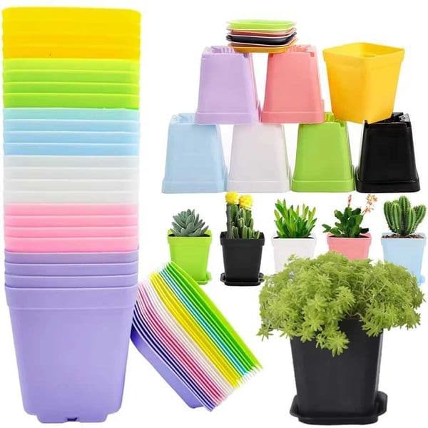 7cm Square Plastic Succulent Plant Pots with Tray Colorful Mini Flower Planter Nursery Pot for Home Garden Decor L260516
