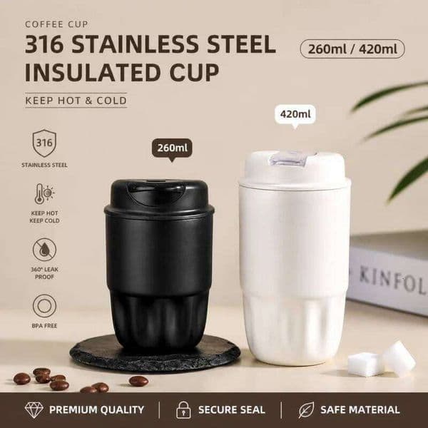 SUS316 Stainless Steel Insulated Coffee Mug Leakproof Travel Thermos Cup with Lid Portable Tumbler for Car Office Hot Cold Drink W260516