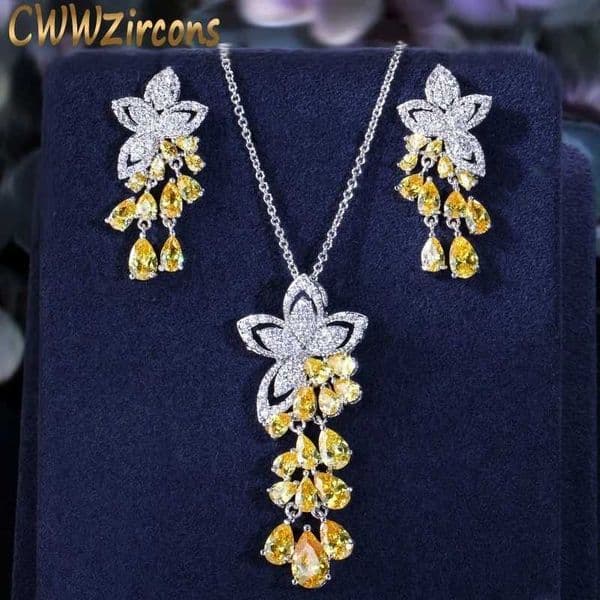CWWZircons 2024 New Arrival Cubic Zirconia Tassel Drop Flower Earrings and Pendant Necklace Fashion Ladies Jewelry Sets T334 X260516