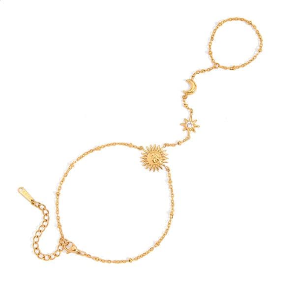 Youthway Sun-Shaped Stainless Steel Bracelet with White Diamond Stars Moon-Shaped Pearl Chain and Interlocking Finger Bracelet 260513